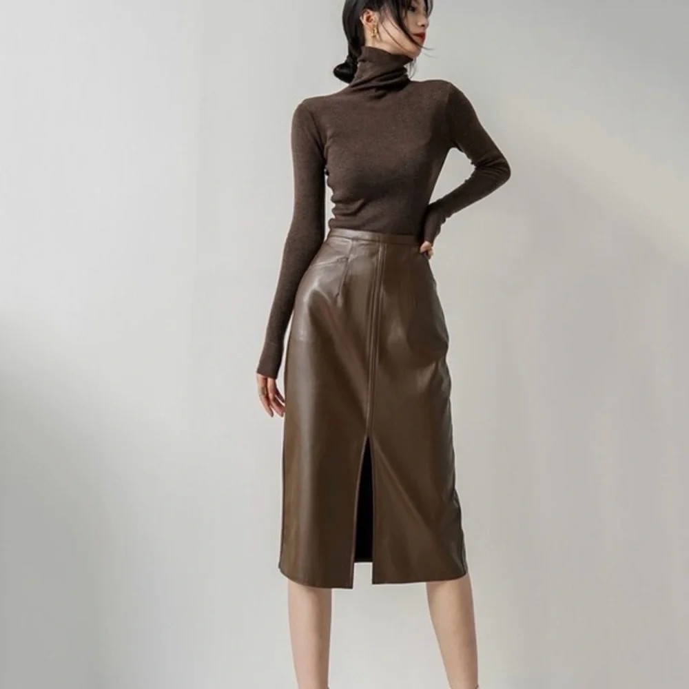 New PU Leather Skirts for Women High Waist Fall Straight‎ Elegant Split Skirt…